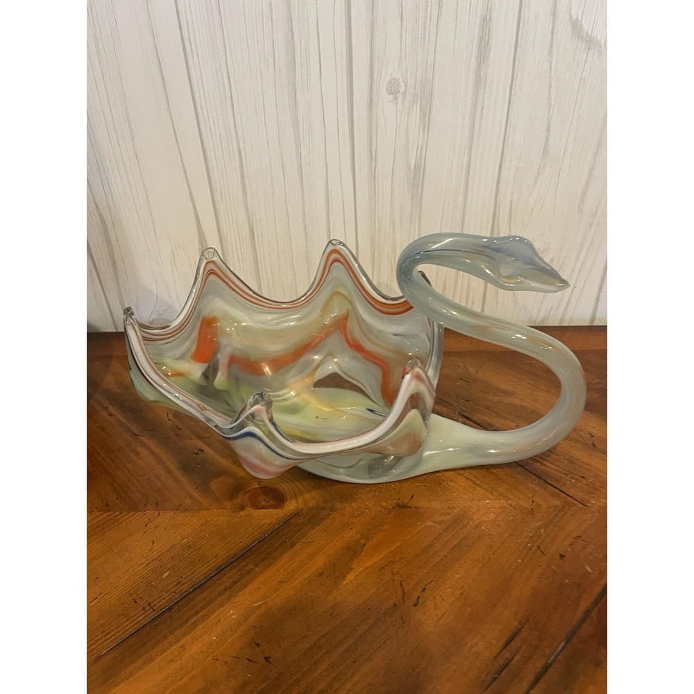 Vintage Murano Style Blown Glass Blue Orange Swan Candy Dish Bowl